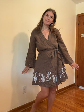 Long Sleeve Wrap Dress | Brown Linen