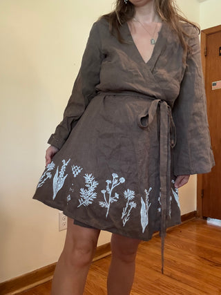 Long Sleeve Wrap Dress | Brown Linen